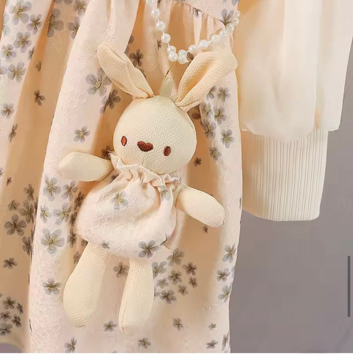 Daisy Lace Baby Girl Dress Set with Pearl Bunny Purse – Cream Floral Layered Outfit