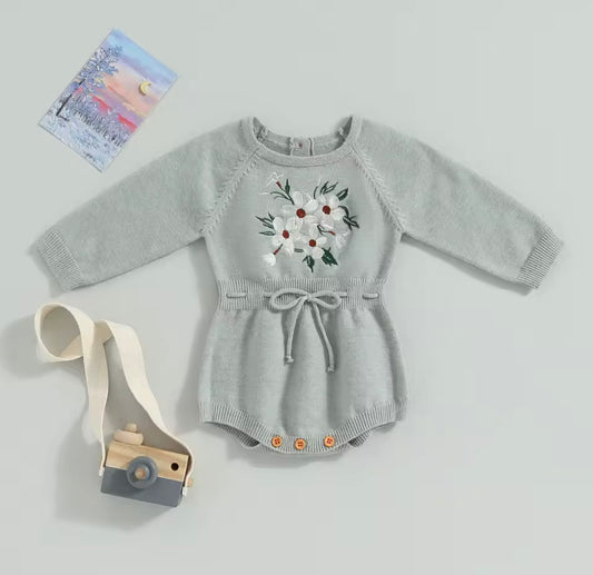 Floral Embroidered Knit Romper – Soft Grey Baby Sweater Outfit