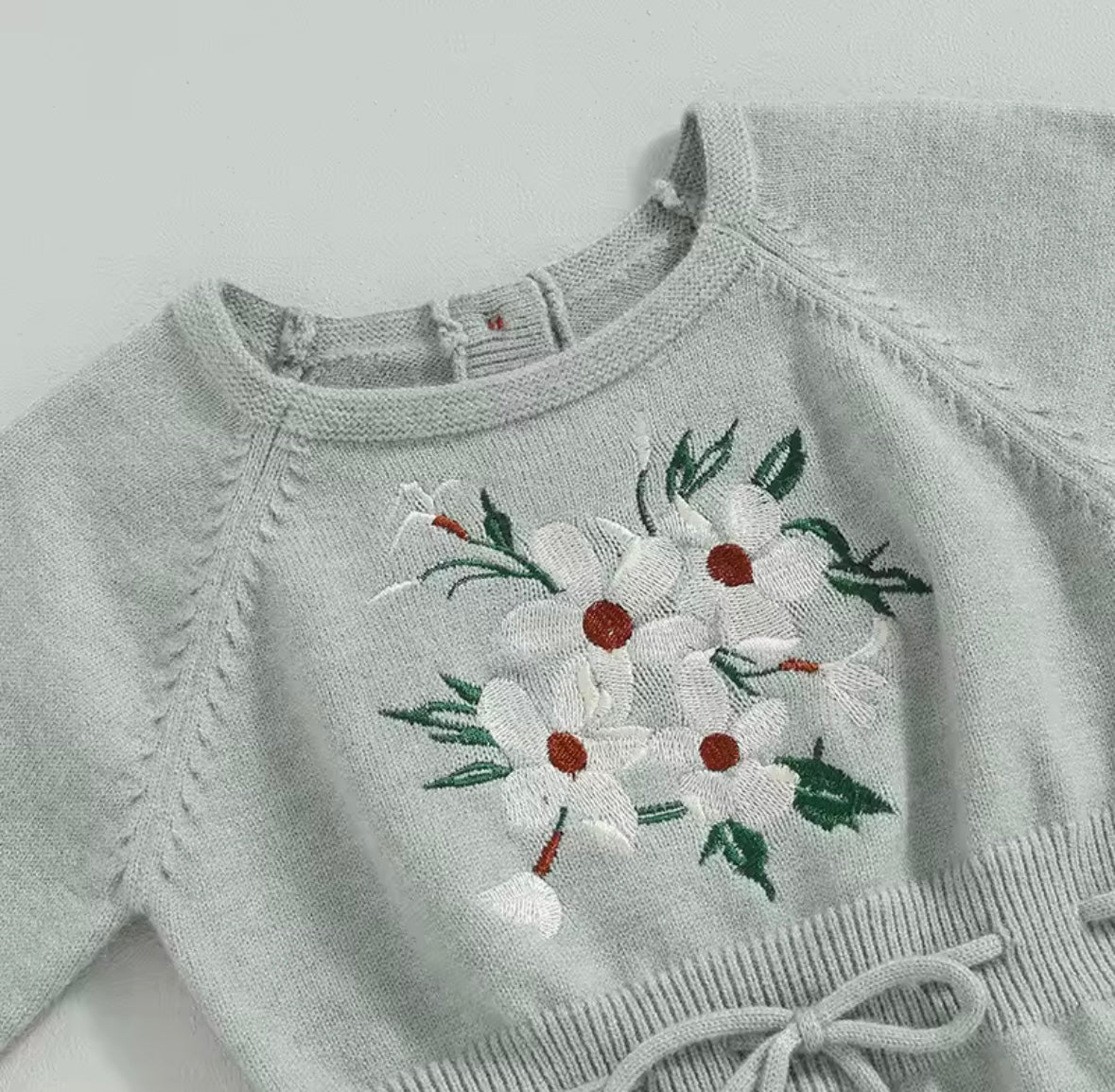 Floral Embroidered Knit Romper – Soft Grey Baby Sweater Outfit