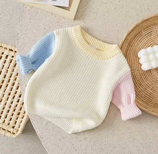 Pastel Colorblock Knit Baby Sweater – Soft Cream, Pink & Blue