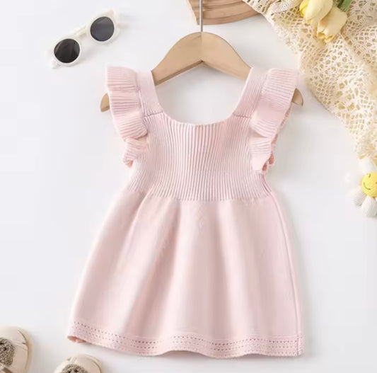 Soft Pink Knit Ruffle Baby Dress – Summer Sleeveless Toddler Outfit
