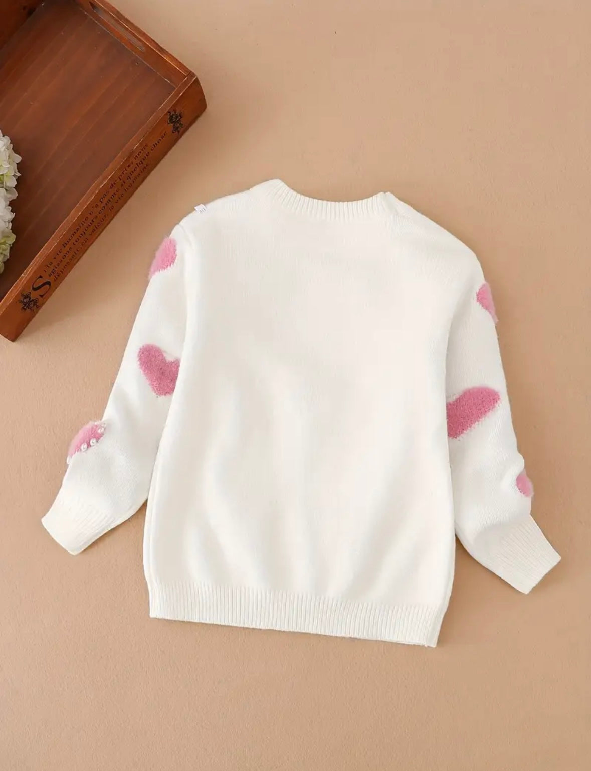 Pearl Heart Sweater – White Knit with Fuzzy Pink Hearts