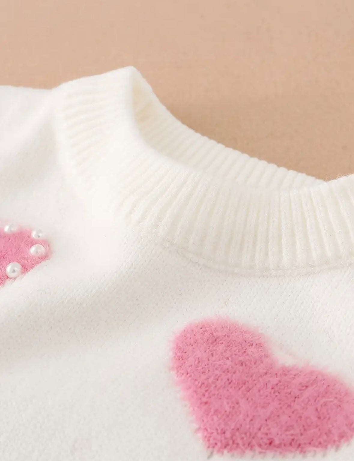 Pearl Heart Sweater – White Knit with Fuzzy Pink Hearts