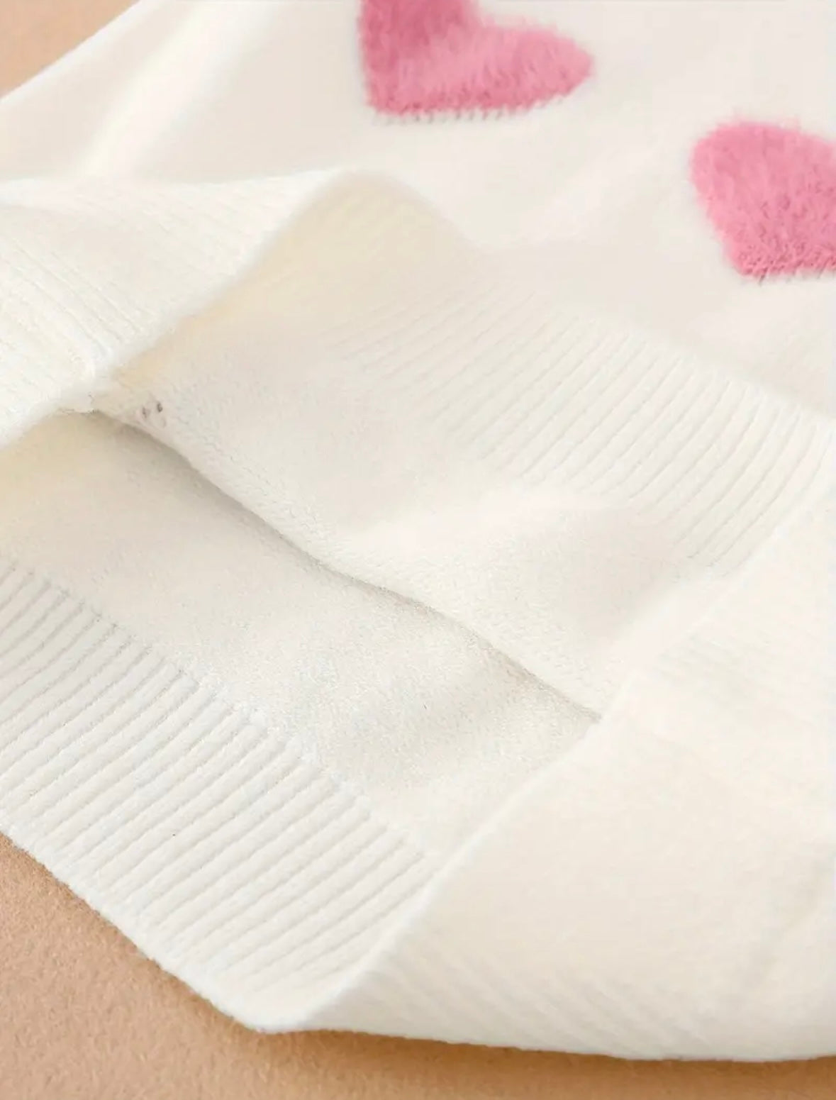 Pearl Heart Sweater – White Knit with Fuzzy Pink Hearts