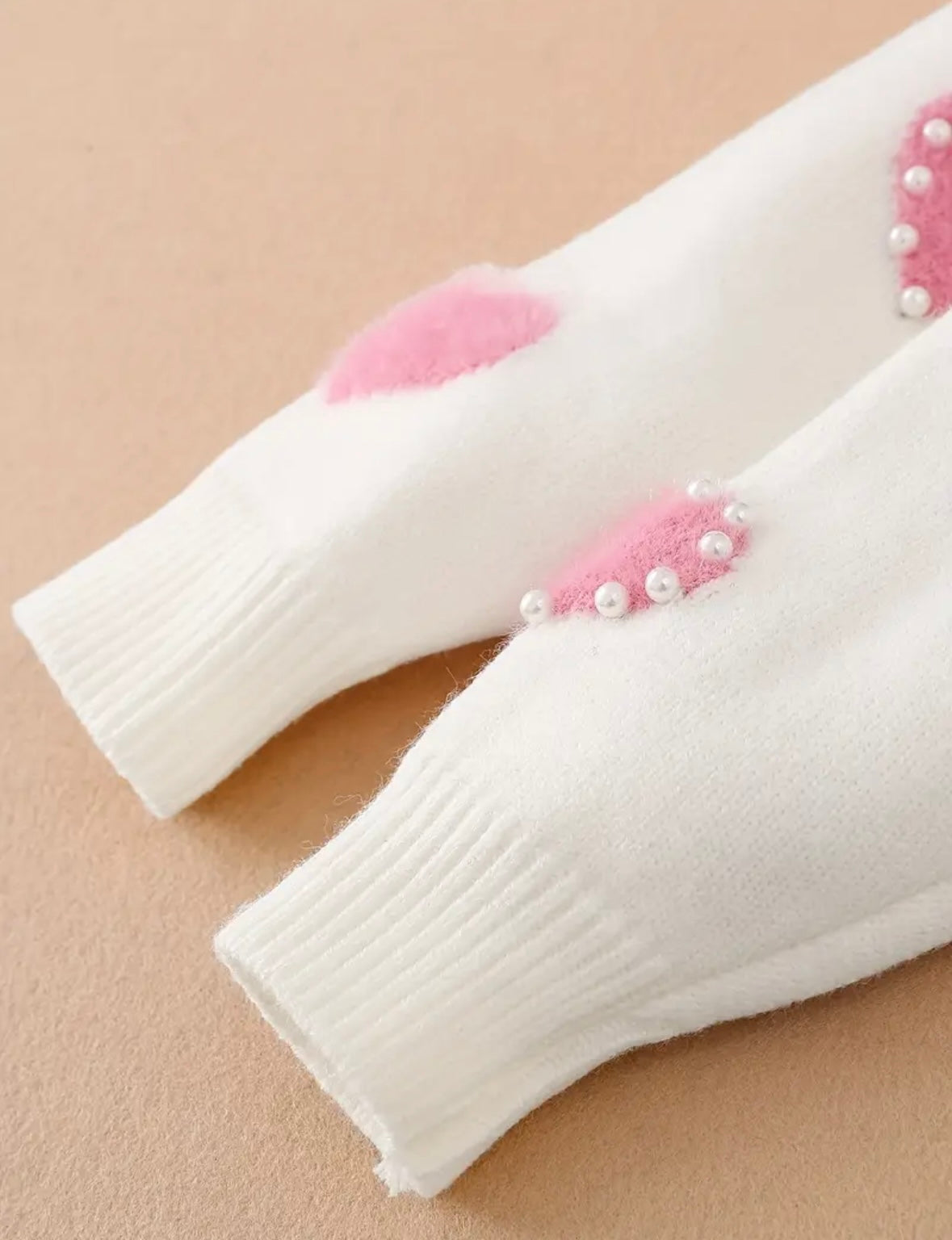Pearl Heart Sweater – White Knit with Fuzzy Pink Hearts