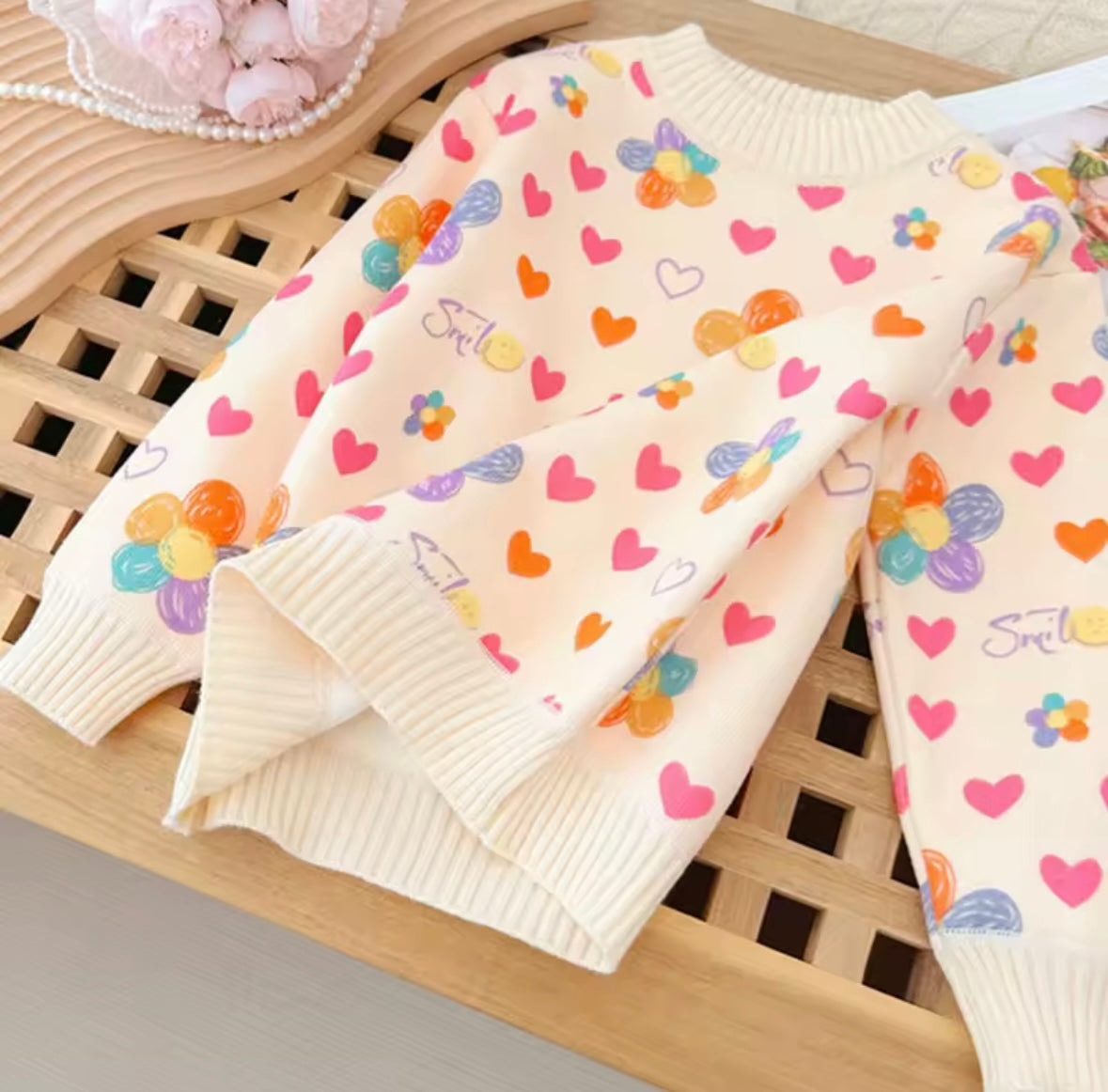 Smile & Hearts Pastel Flower Sweatshirt – Cozy & Cute