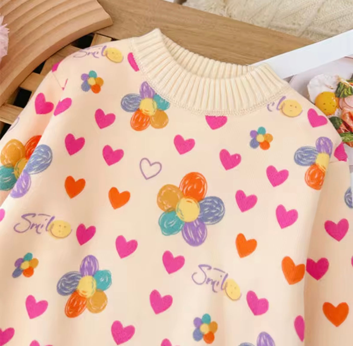 Smile & Hearts Pastel Flower Sweatshirt – Cozy & Cute