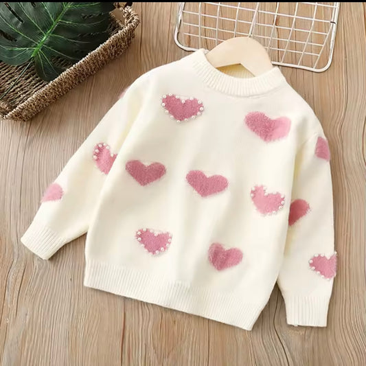 Pearl Heart Sweater – White Knit with Fuzzy Pink Hearts