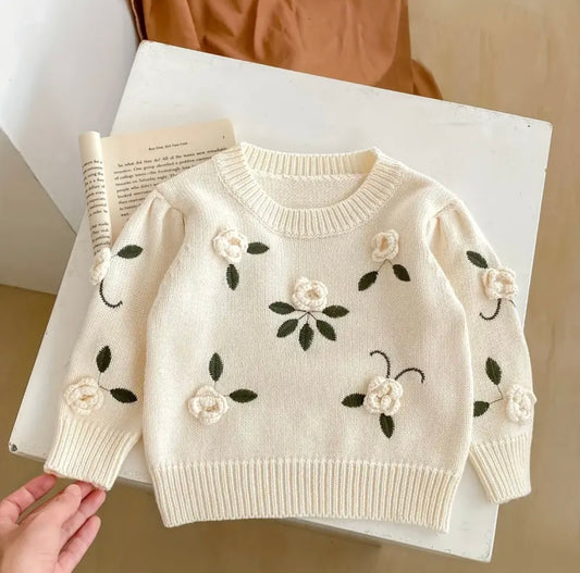 Ivory Rose Knit Sweater – Toddler Girl Floral Pullover