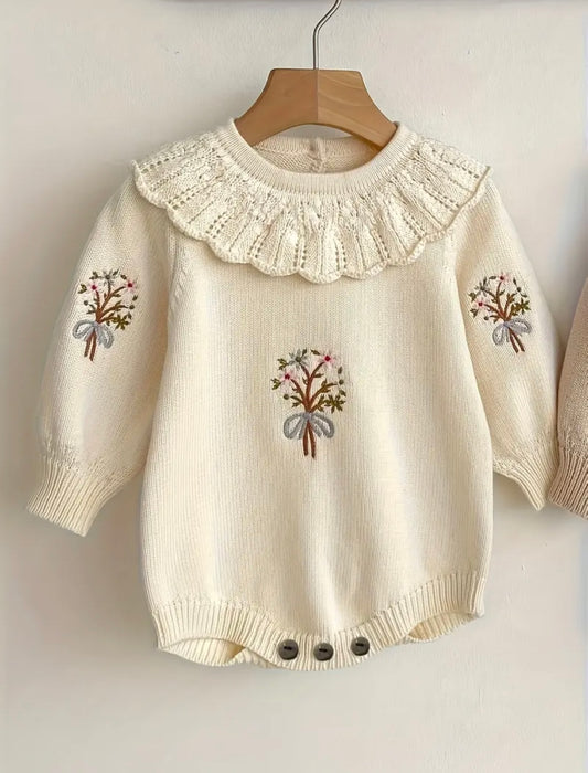 Vintage Floral Embroidered Knit Baby Romper – Ivory Cream