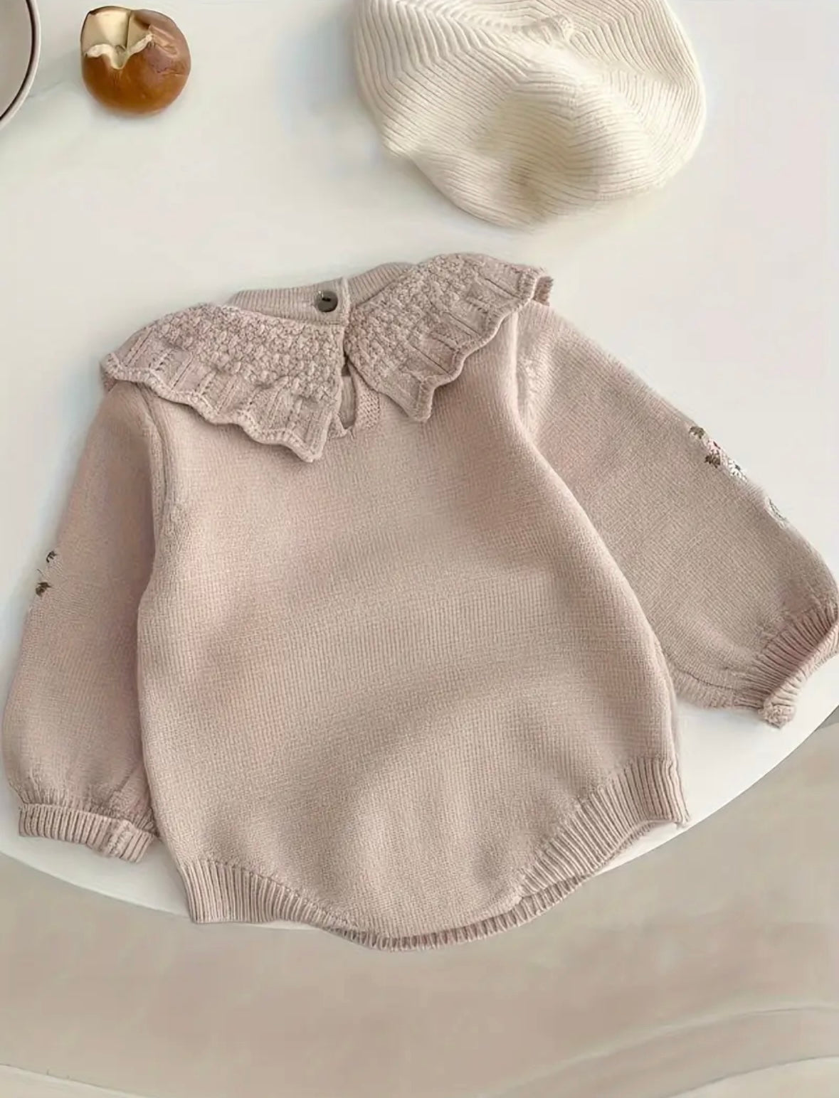 Embroidered Knit Baby Romper – Vintage DARK Beige with Floral Details