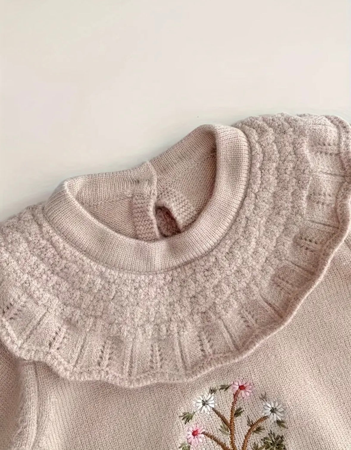 Embroidered Knit Baby Romper – Vintage DARK Beige with Floral Details