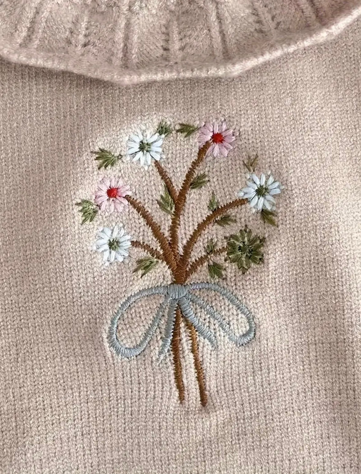 Embroidered Knit Baby Romper – Vintage DARK Beige with Floral Details