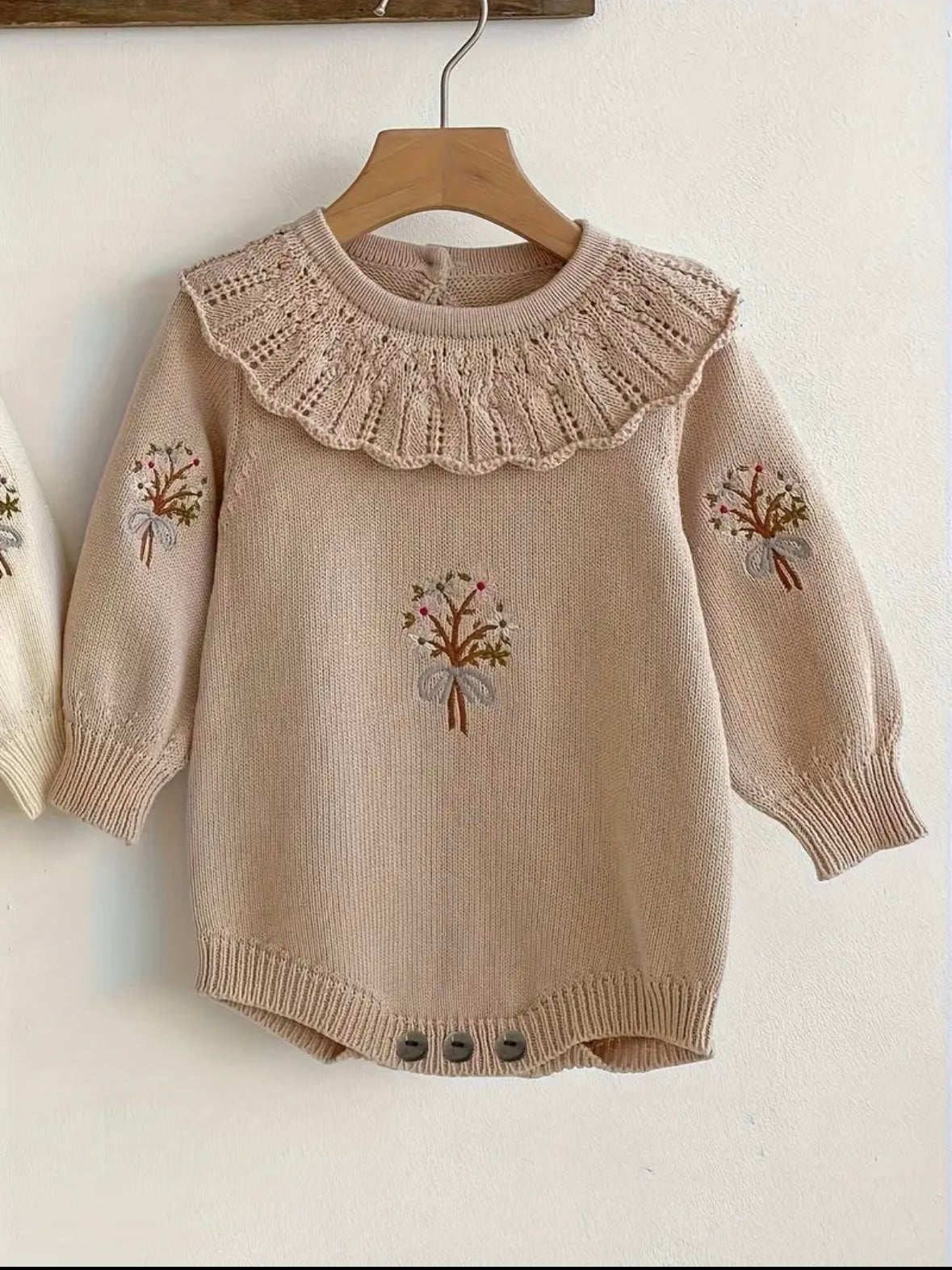 Embroidered Knit Baby Romper – Vintage DARK Beige with Floral Details