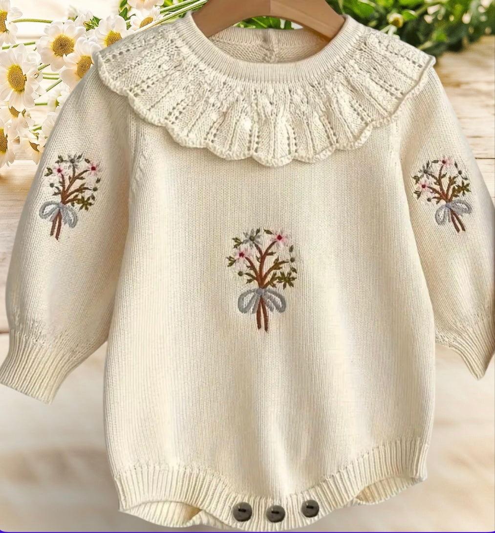 Vintage Floral Embroidered Knit Baby Romper – Ivory Cream