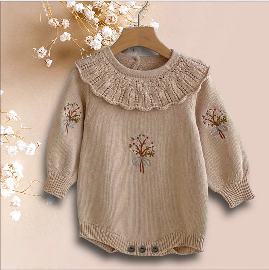 Embroidered Knit Baby Romper – Vintage DARK Beige with Floral Details