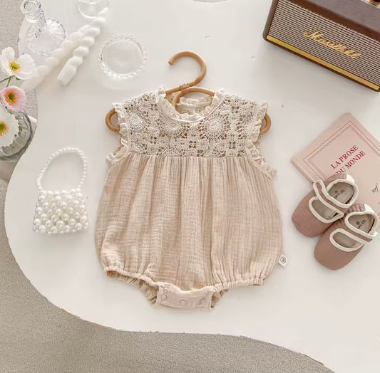 🩰 Lace Dreams Baby Romper In Soft Beige