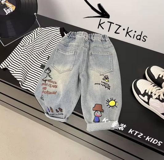 KTZ Kids Graffiti Patchwork Denim Jeans – Unisex Street Style