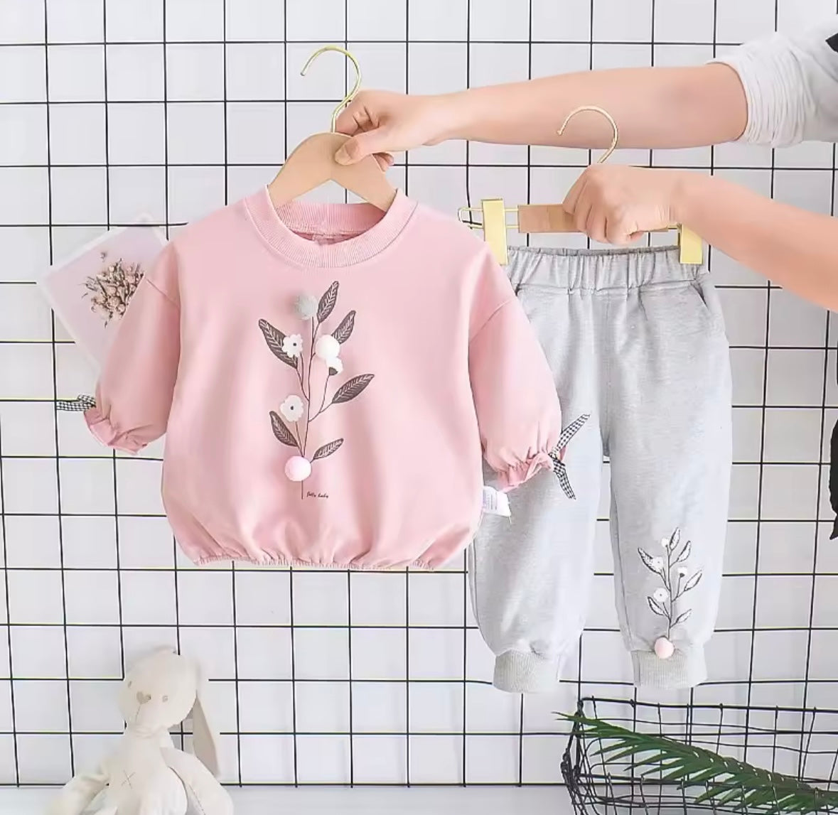 Blush Bloom Toddler Lounge Set – Pink Floral Sweatshirt + Gray Pants