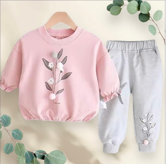 Blush Bloom Toddler Lounge Set – Pink Floral Sweatshirt + Gray Pants