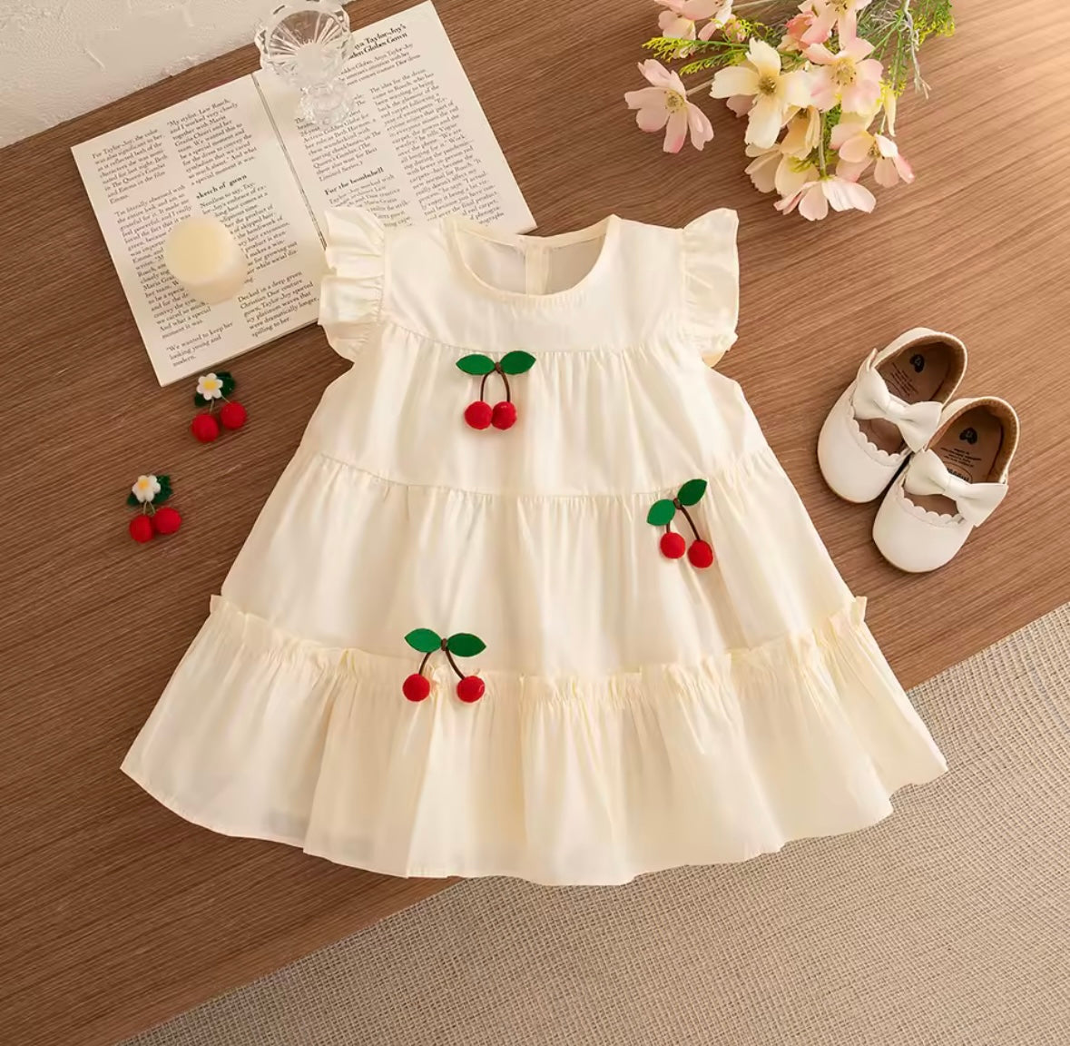 Cherry Pom-Pom Tiered Ruffle Baby Dress – Cream White   Size 18-24months