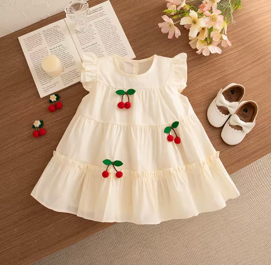 Cherry Pom-Pom Tiered Ruffle Baby Dress – Cream White   Size 18-24months