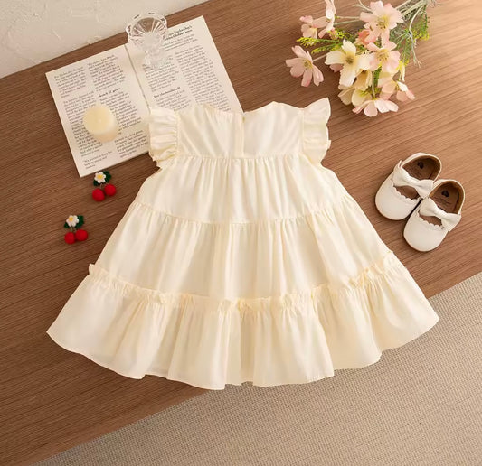 Cherry Pom-Pom Tiered Ruffle Baby Dress – Cream White   Size 18-24months