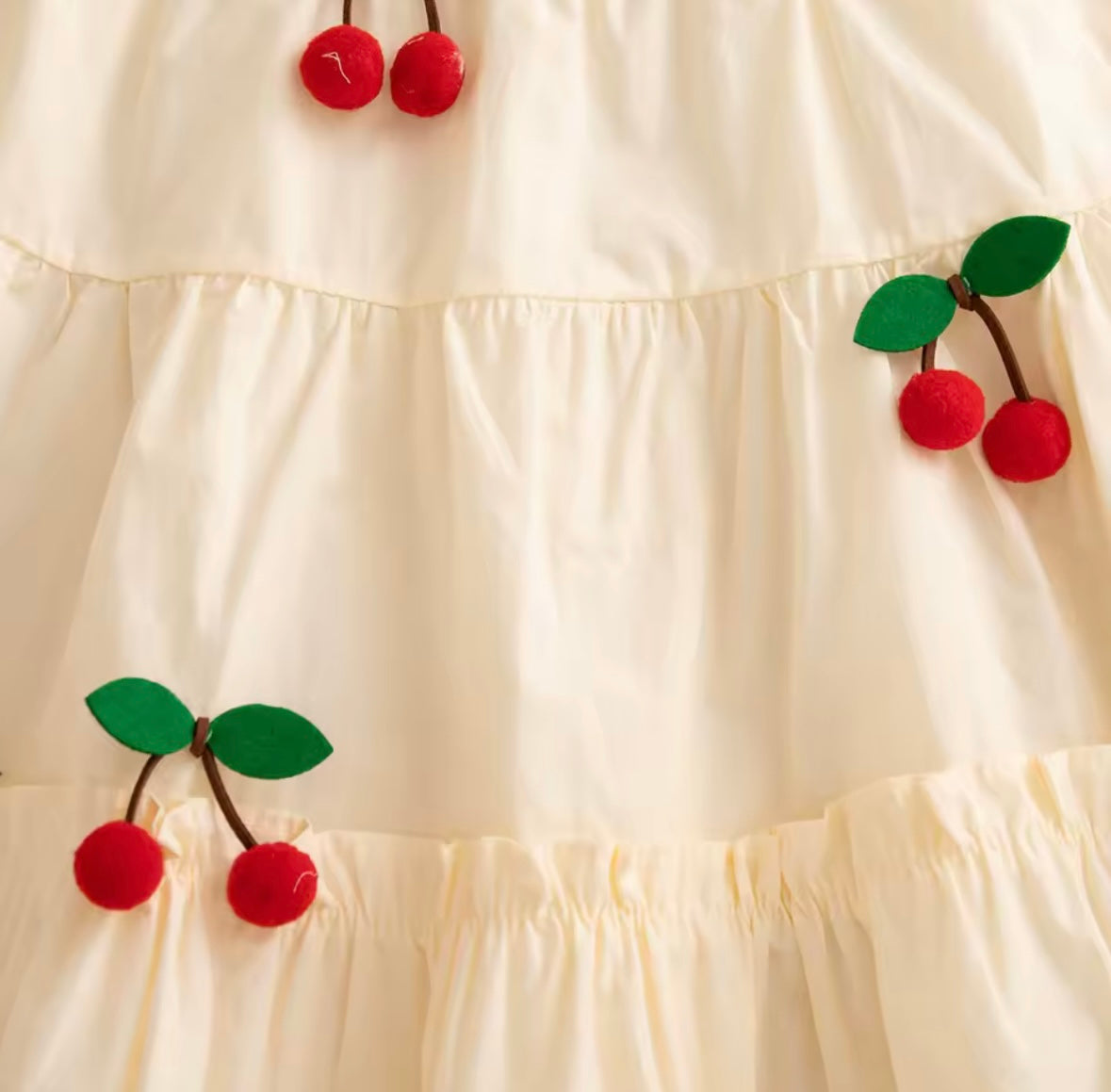 Cherry Pom-Pom Tiered Ruffle Baby Dress – Cream White   Size 18-24months