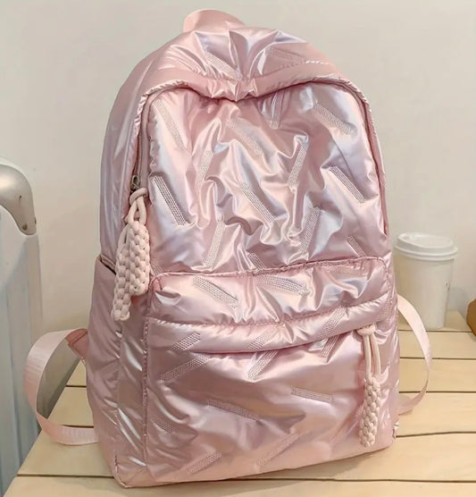 Premium Glossy Pink Quilted Backpack – Lightweight, Stylish & Functional with Braided Zipper Pulls (40cm)