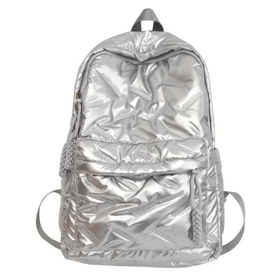 Premium Glossy silver Quilted Backpack – Lightweight, Stylish & Functional with Braided Zipper Pulls (40cm)