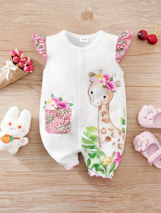 Baby Girl Giraffe Print Ruffle Sleeve Romper – 0-3M