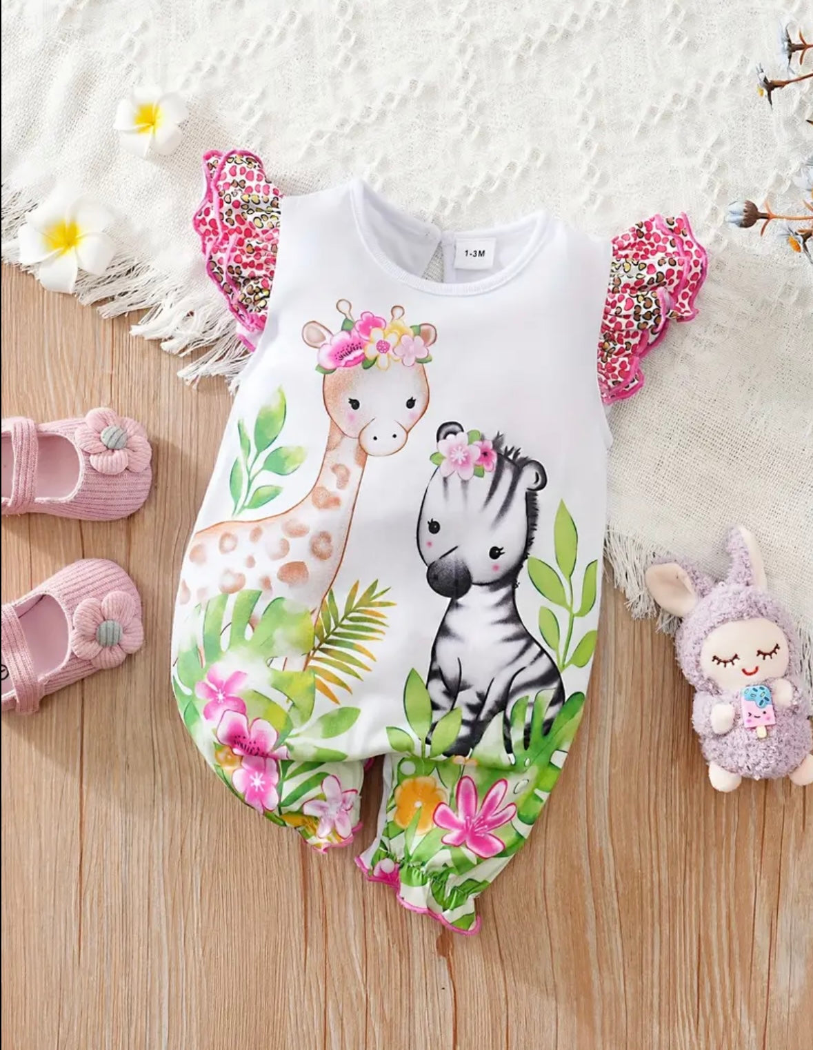 Baby Girl Giraffe Print Ruffle Sleeve Romper – 0-3M