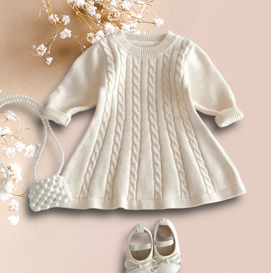 Baby Girl Cream Knit Sweater Dress – Cable Knit Design Size:3Y