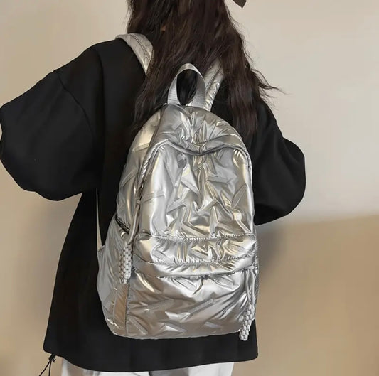 Premium Glossy silver Quilted Backpack – Lightweight, Stylish & Functional with Braided Zipper Pulls (40cm)