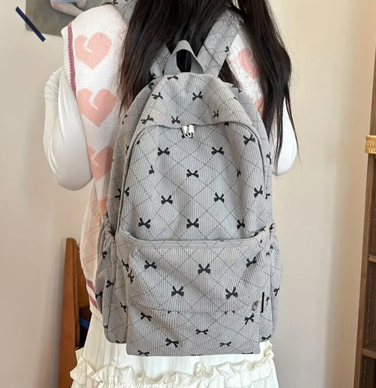 Gray Bow Quilted Backpack – Soft Corduroy Aesthetic with Spacious Design (16.1”)