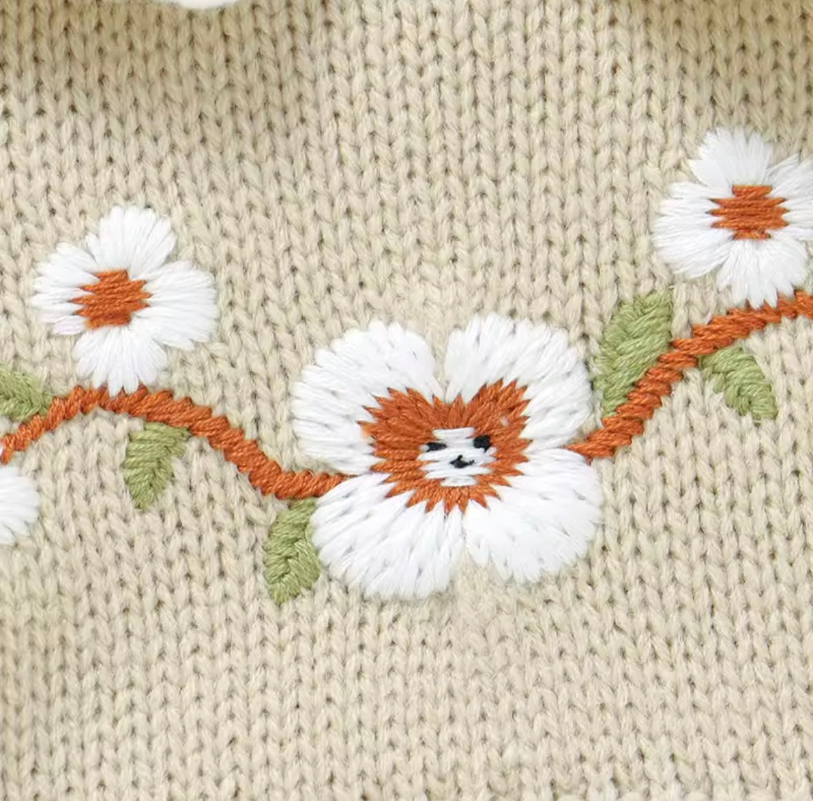 👶 Shopify Product Title:
Light Olive Knit Baby Romper – 3M | Floral Embroidery & White Collar
