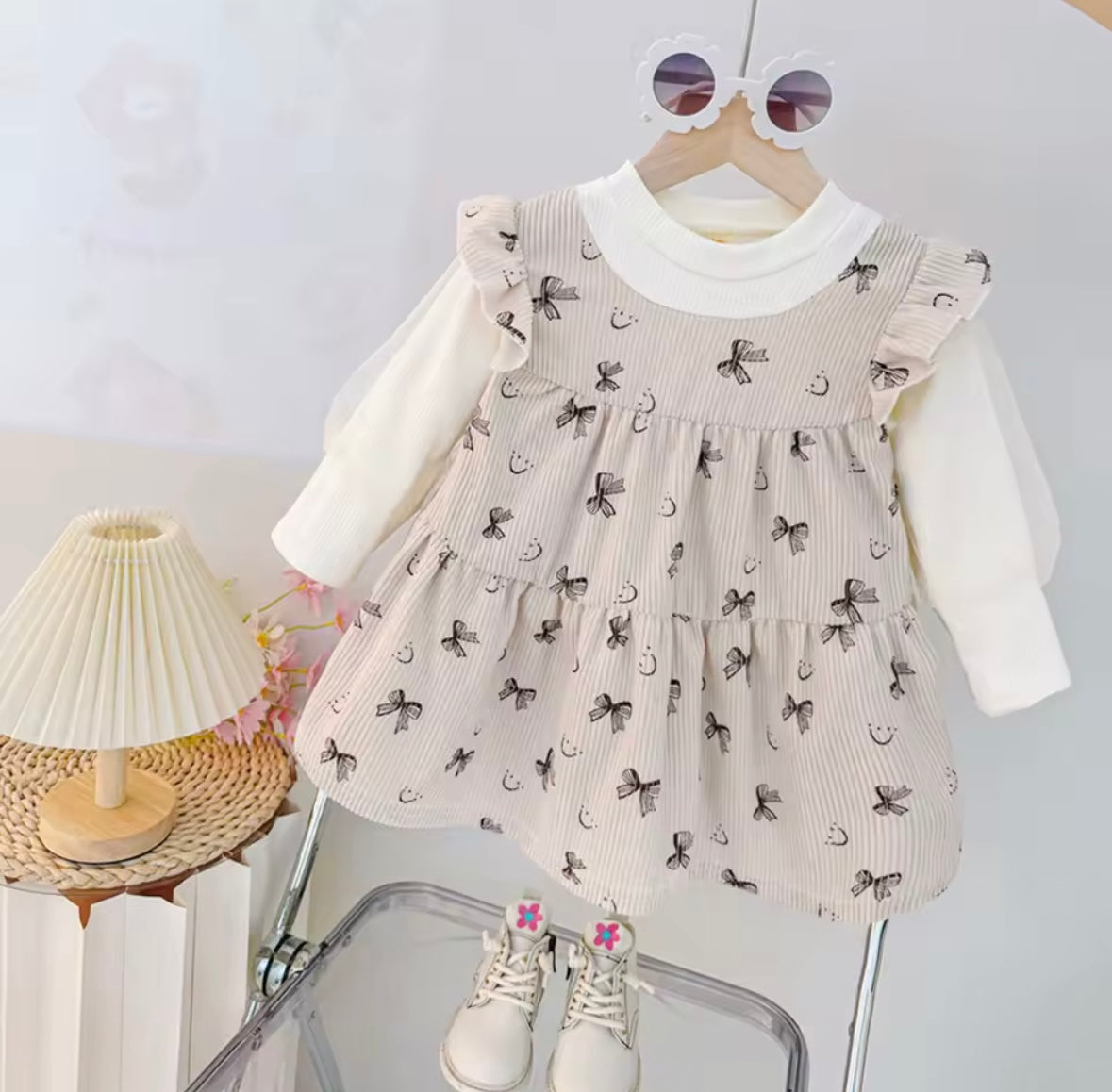 Bow Print Knit Baby Girl Dress – Cream Long Sleeve One-Piece (Size 2–3Y)