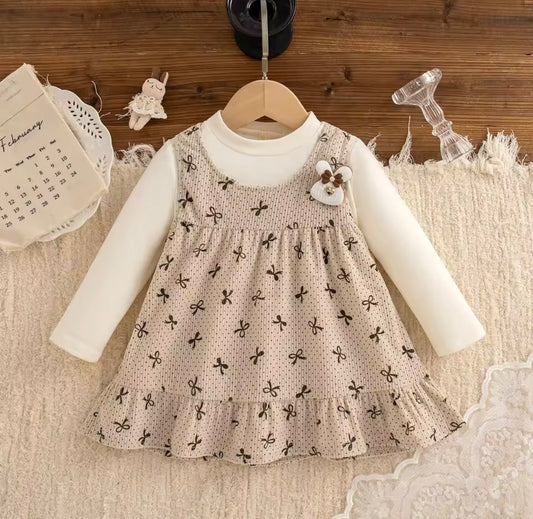 Bow Print Knit Baby Girl Dress – Cream Long Sleeve One-Piece (Size 2–3Y)