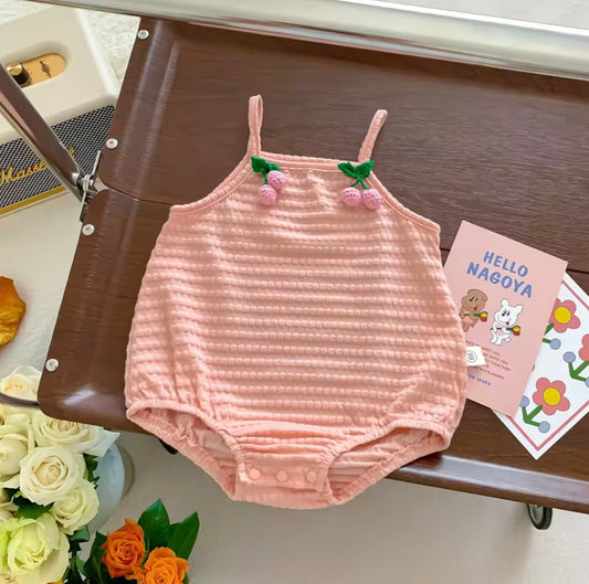 Cherry Blush Textured Baby Romper – Soft Pink Summer Bubble Onesie