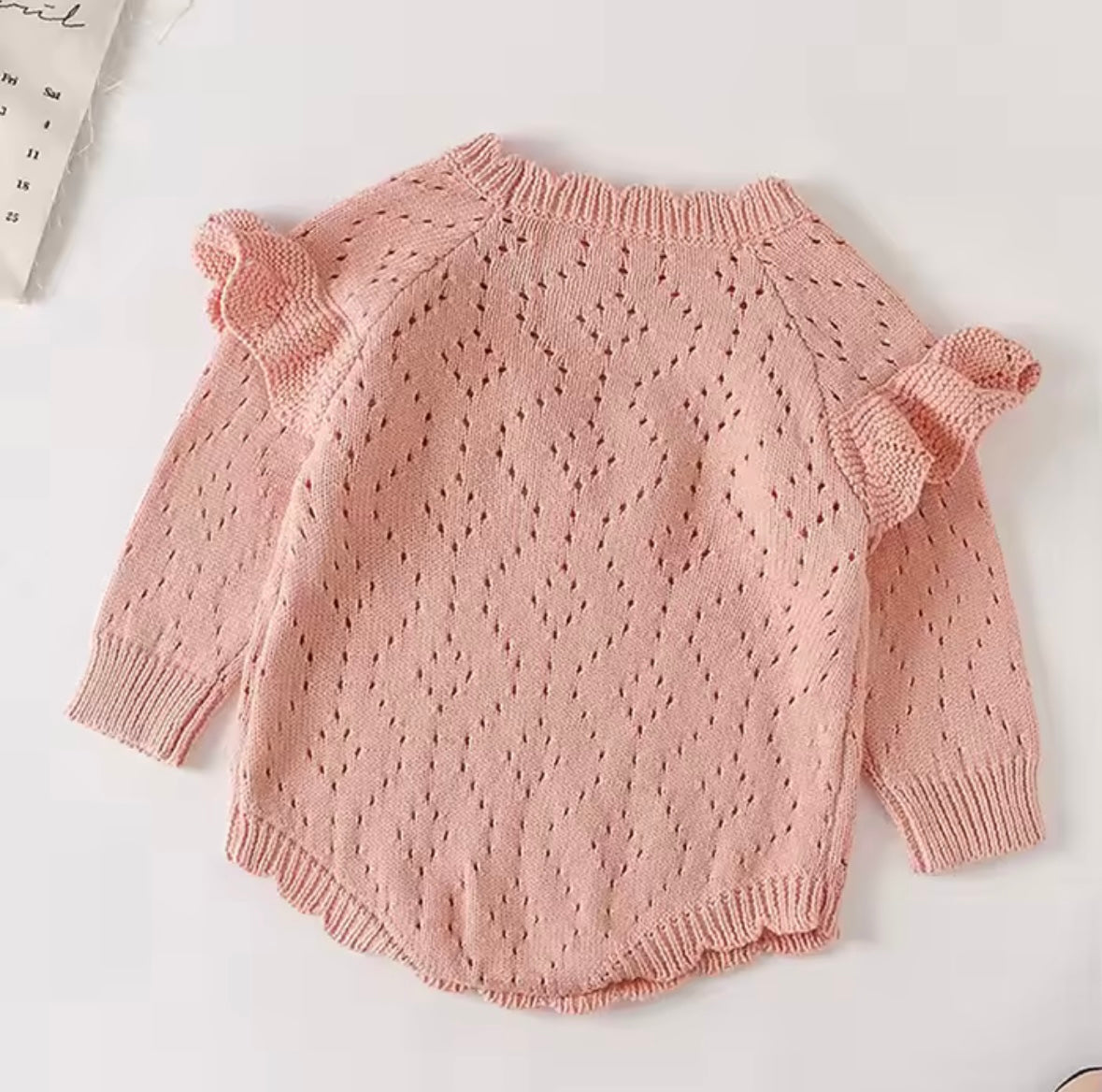 Blush Ruffle Knit Baby Romper – 100% Cotton Long Sleeve (3–6M)
