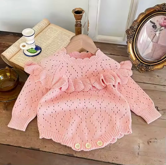 Blush Ruffle Knit Baby Romper – 100% Cotton Long Sleeve (3–6M)