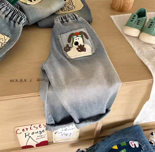 Light Blue Denim Jeans with Cartoon Dog Pocket – Unisex Casual Pants.  Size12-18 months