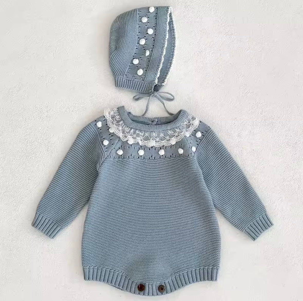 Premium Baby Girl Blue Knit Romper with Bonnet – Lace Collar & Pom Detail