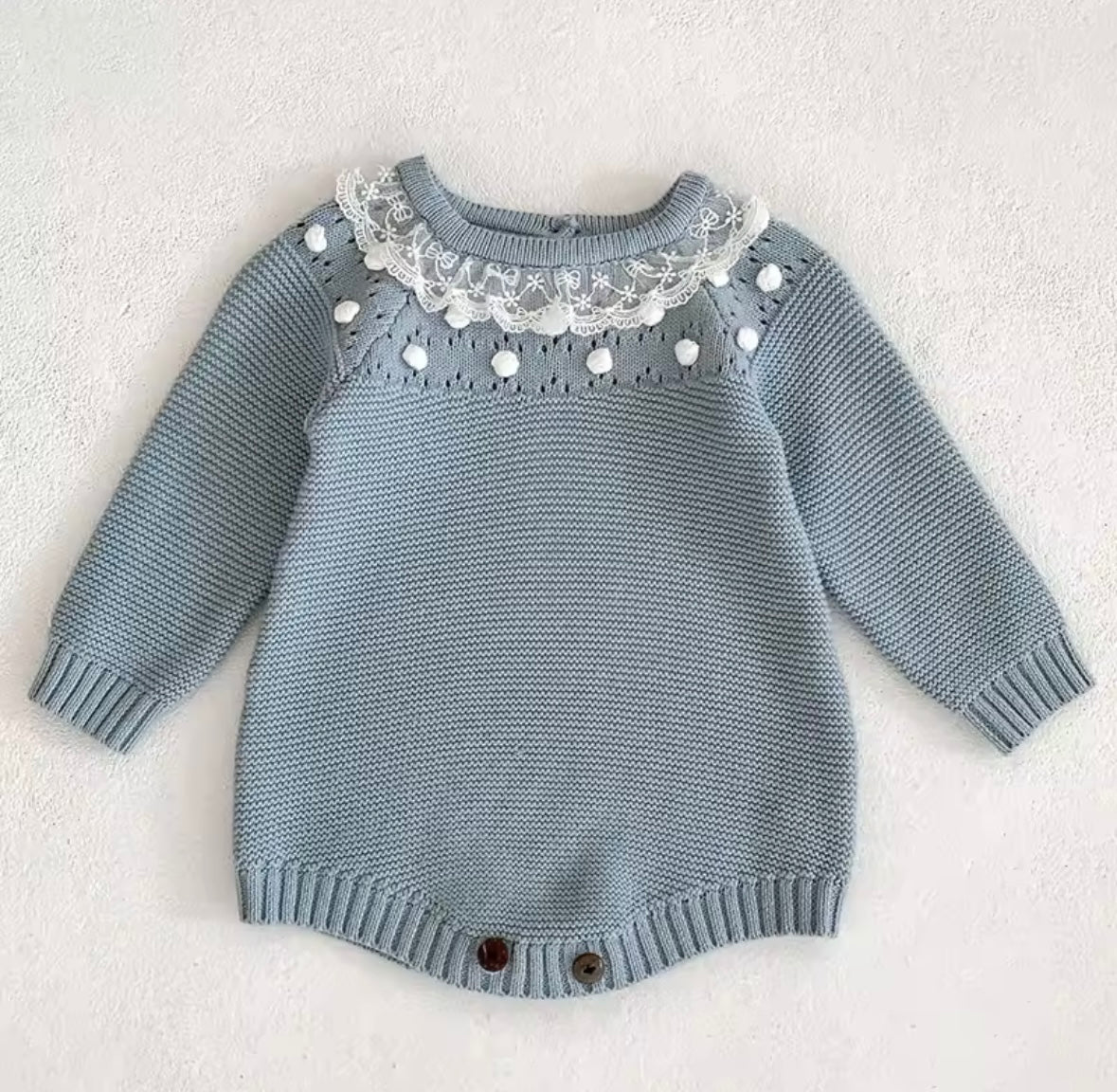 Premium Baby Girl Blue Knit Romper with Bonnet – Lace Collar & Pom Detail