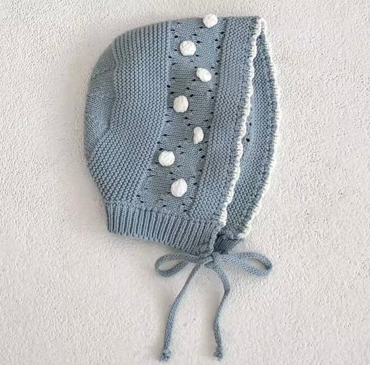 Premium Baby Girl Blue Knit Romper with Bonnet – Lace Collar & Pom Detail