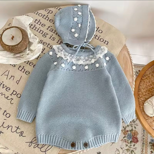 Premium Baby Girl Blue Knit Romper with Bonnet – Lace Collar & Pom Detail