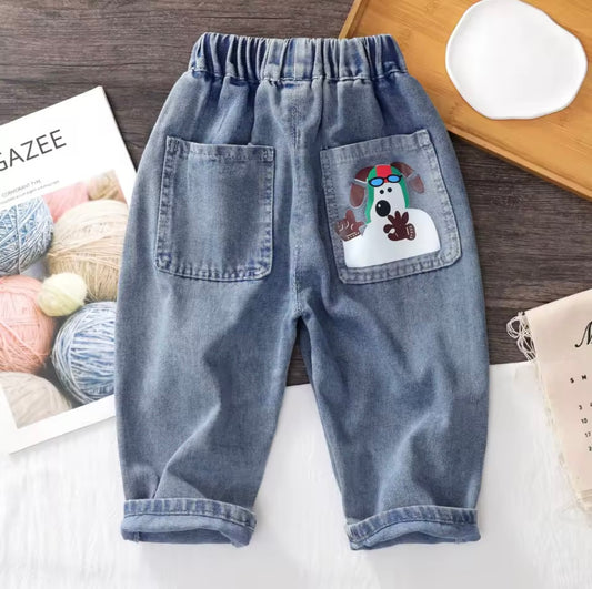 Light Blue Denim Jeans with Cartoon Dog Pocket – Unisex Casual Pants.  Size12-18 months