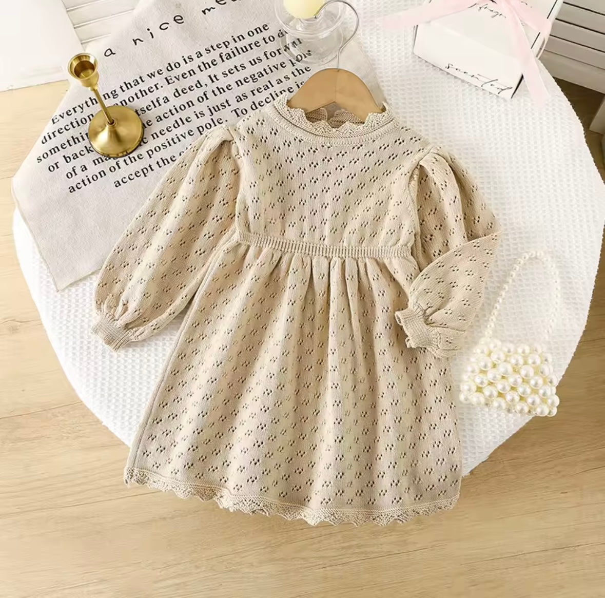 Girls’ Beige Knit Eyelet Dress – Long Sleeve Scalloped Hem