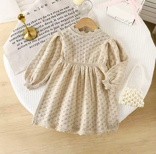 Girls’ Beige Knit Eyelet Dress – Long Sleeve Scalloped Hem