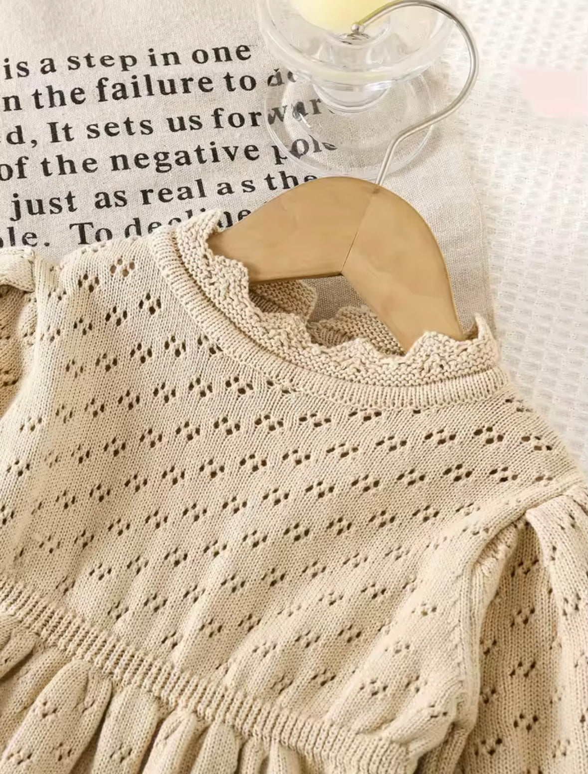 Girls’ Beige Knit Eyelet Dress – Long Sleeve Scalloped Hem